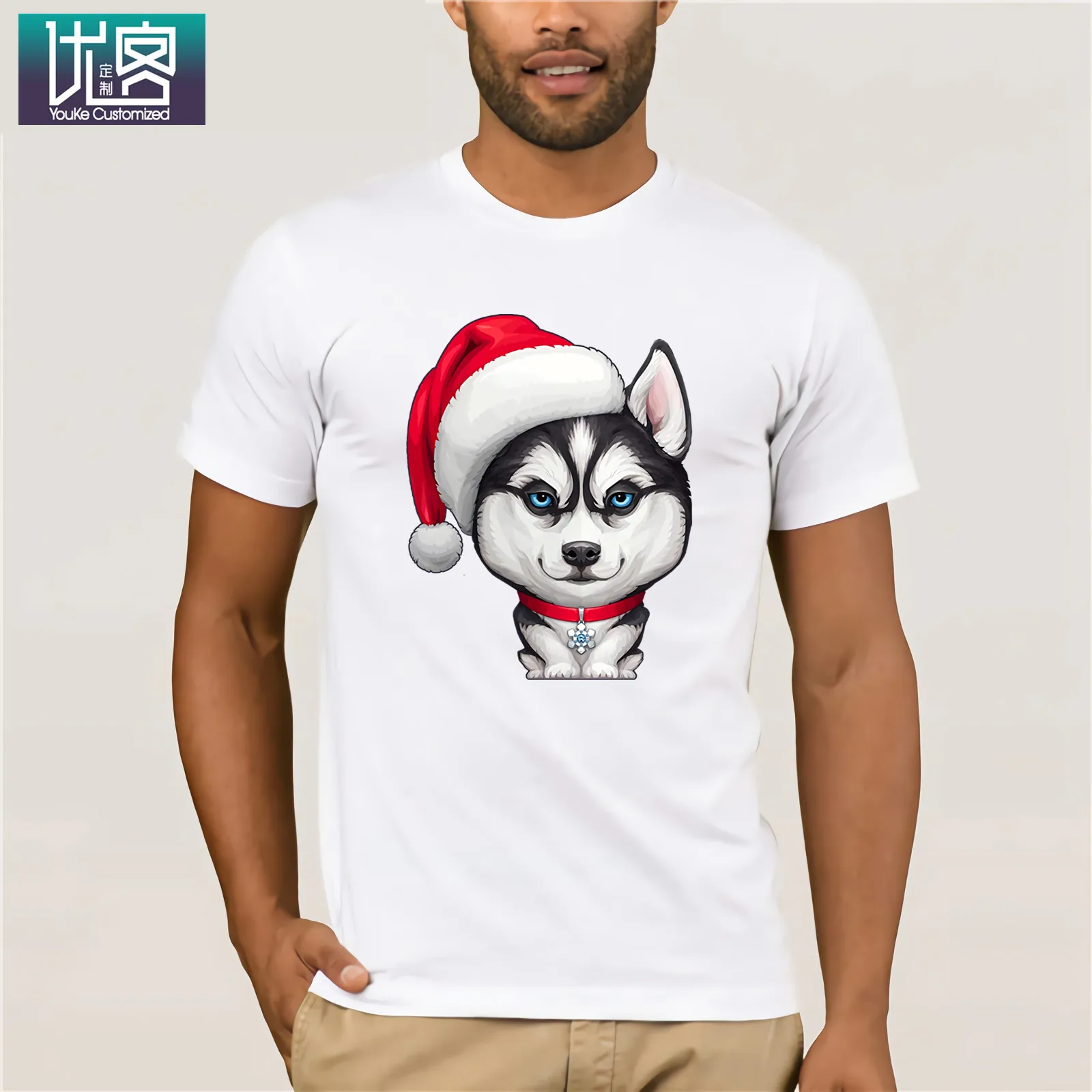 Siberian Husky Wearing A Santa Hat Рождественская футболка удивительные Уникальные повседневные топы с короткими рукавами винтажные с вырезом лодочкой - Цвет: White