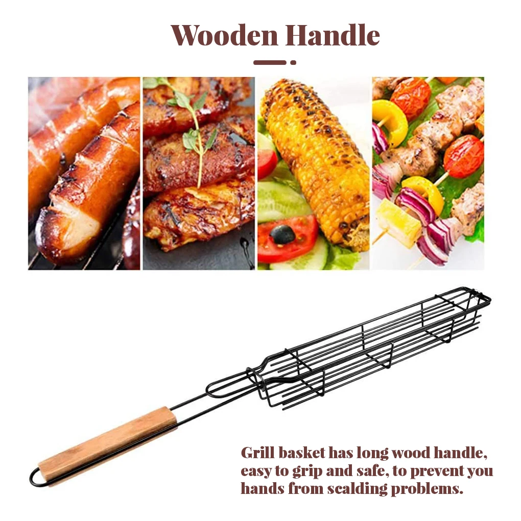Steel Reusable Grilling Basket BBQ Grill Rack Heavy Duty Barbecue Meat Holder Stick Camping Picnic Accessories Tool