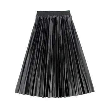 

Womens Vintage High Waist Faux Leather Flared Accordion Pleated Midi Skirt