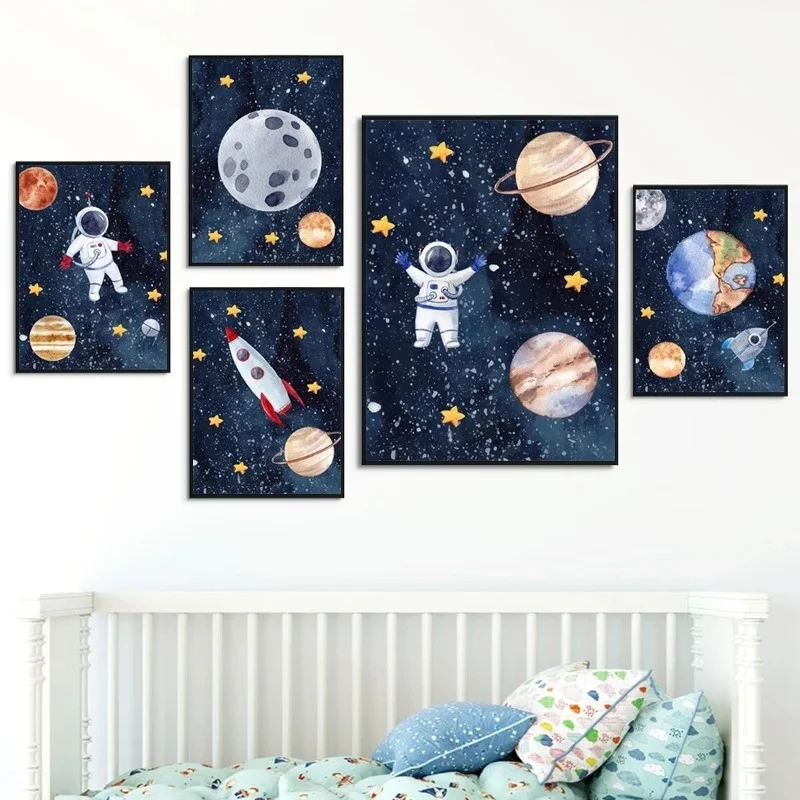 Space Astronaut Rocket Planet Moon Sun Wall Art Print Canvas Painting Nordic Poster Nursery Pictures Baby Kids Room Decor | Дом и сад