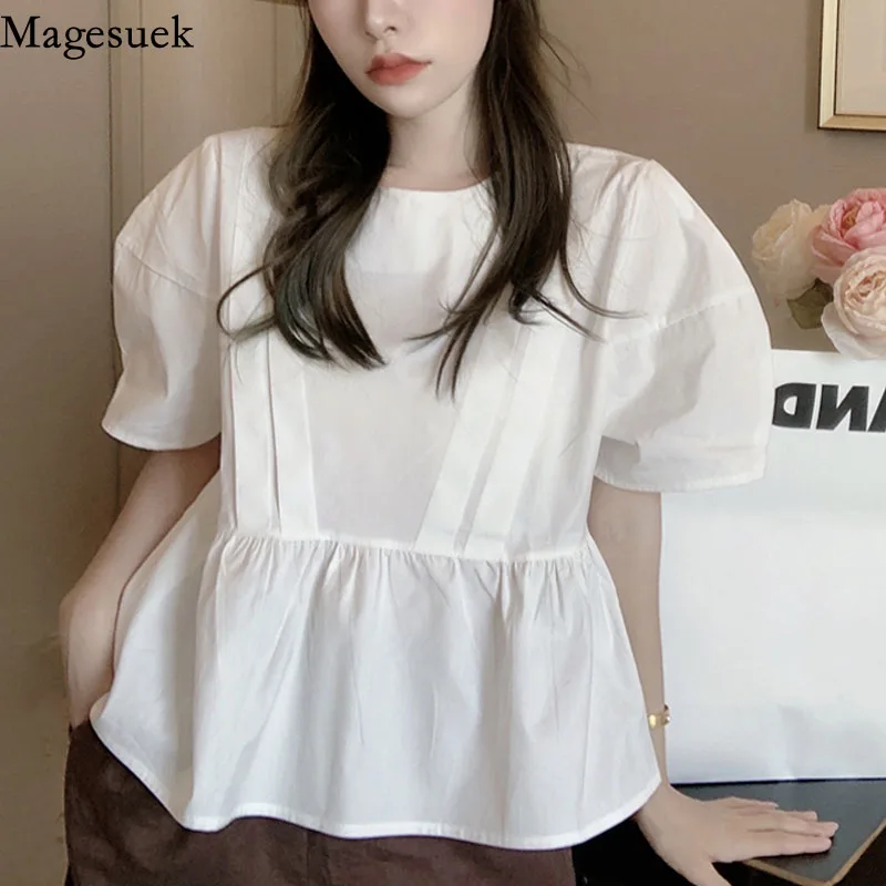 

Summer Loose Pleated Stitching Casual Shirts Korean Fashion Puff Sleeve Women's Blouse O Neck Sweet Doll Shirts Top Blusas 16102