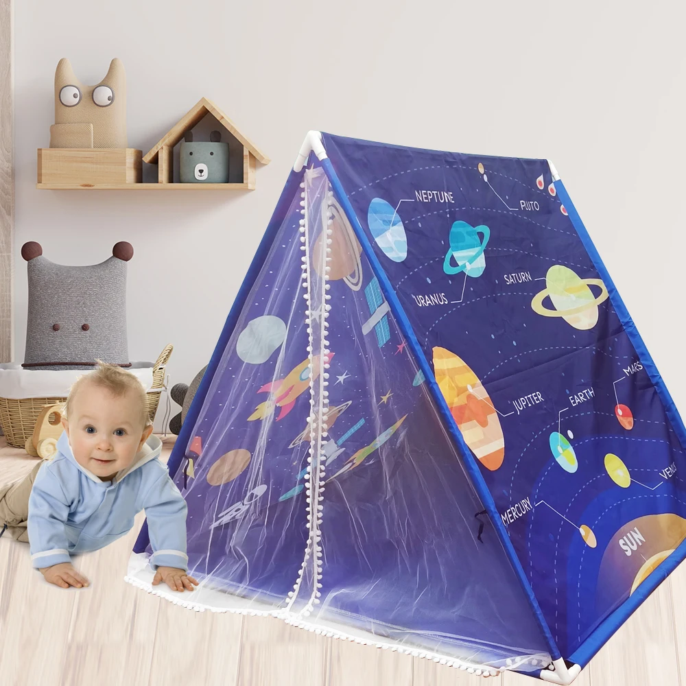 

Portable Children's Space Universe Teepee Tents Kids Play House Wigwam Net Yarn Tassel Curtain Anti-mosquito House Game Tent