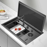 New Nanometer Flip Cover Hidden kitchen Island Sink 304 Stainless Steel 4mm Thickness Handmade Large Size Hidden kitchen Sinks 1