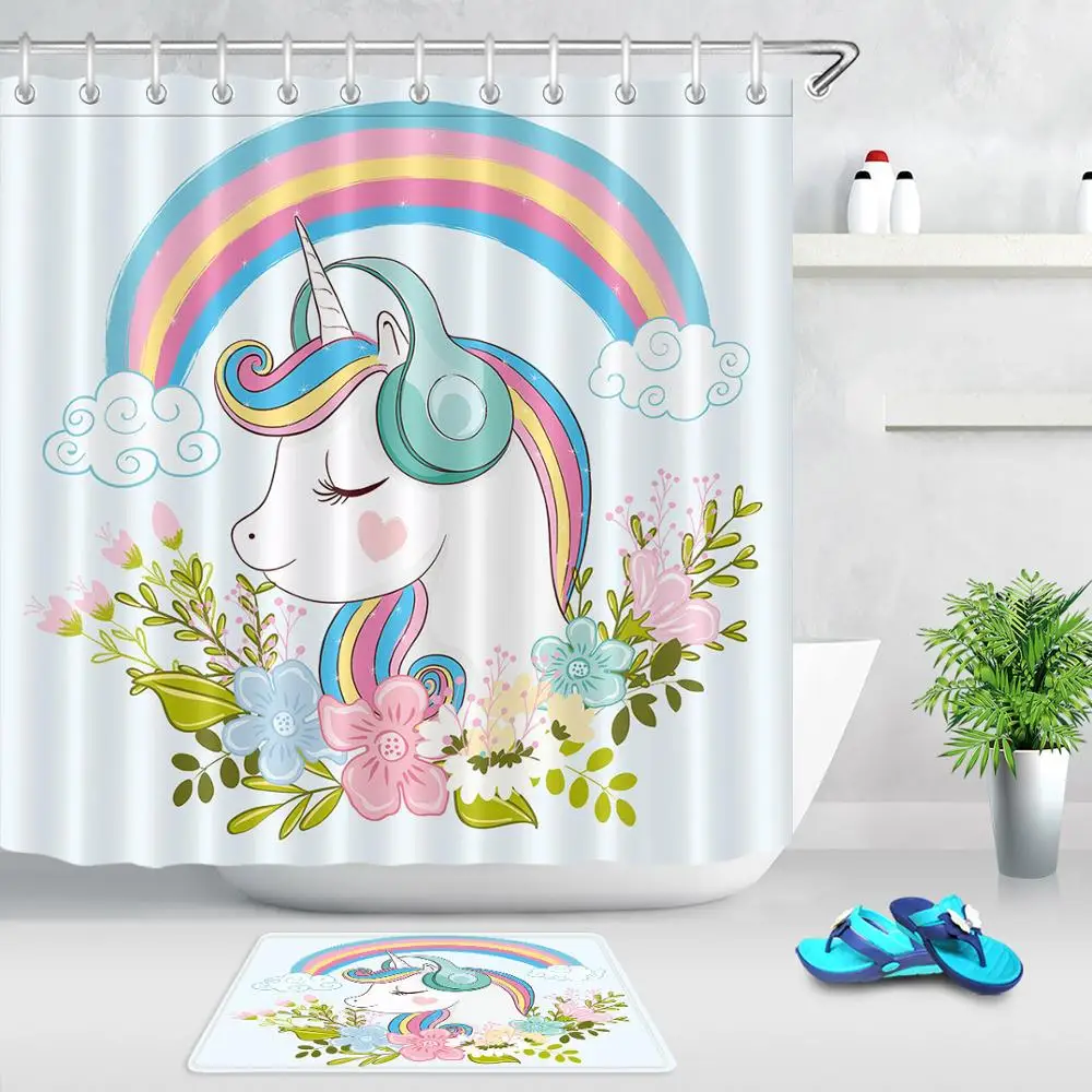 Curtain And Mat Милый единорог с цветами мультяшная занавеска для душа s полиэстер водонепроницаемая ткань занавеска для ванной домашний декор для ванной s - Цвет: Curtain And Mat
