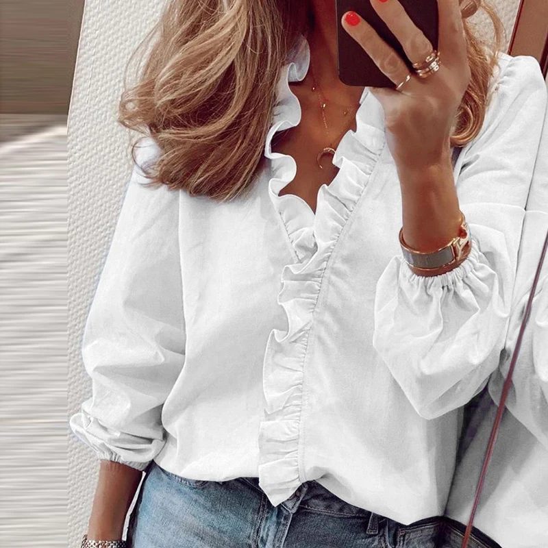 Blusa de mujer con volantes camisa de primavera verano Mujer Tops de cuello en V manga larga Top de corte Slim Casual blusa de las señoras