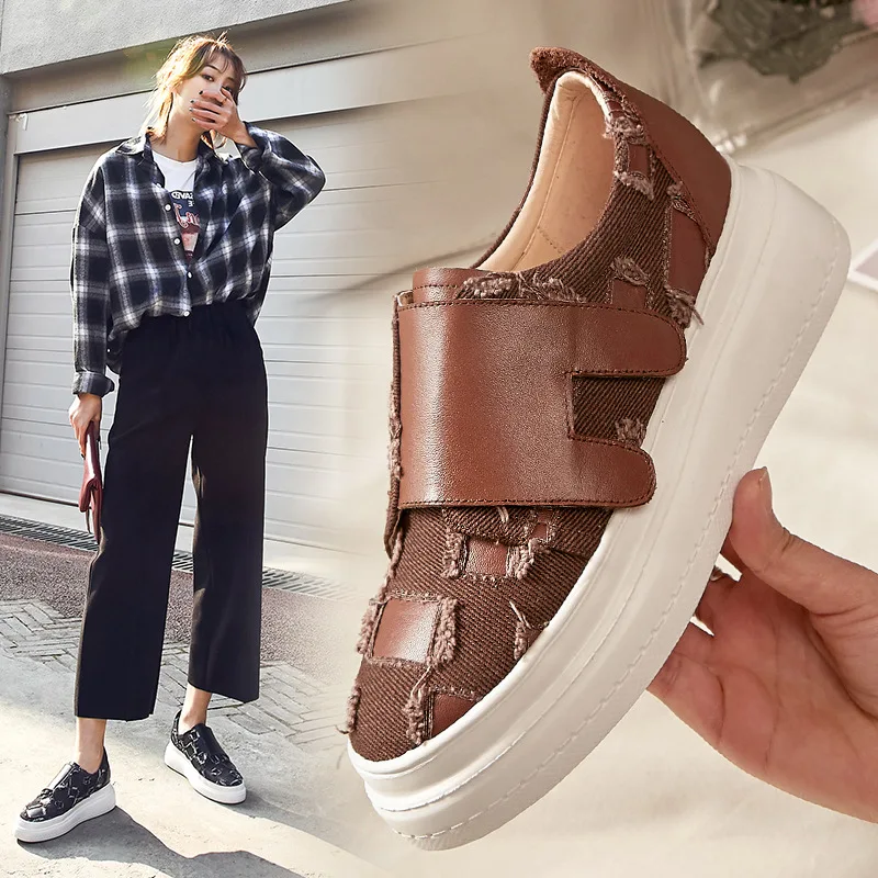 

2019 Spring New Style Cowboy Genuine Leather Platform Shoes Women's Casual Versatile Velcro Thick Bottomed Loafers