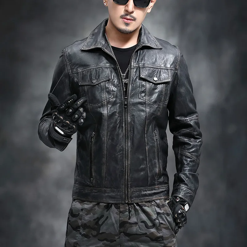 AYUNSUE Real Genuine Leather Jacket Men Sheepskin Leather Coat Motorcycle Jacket Man Vintage Slim Fit Biker Men Leather Jackets