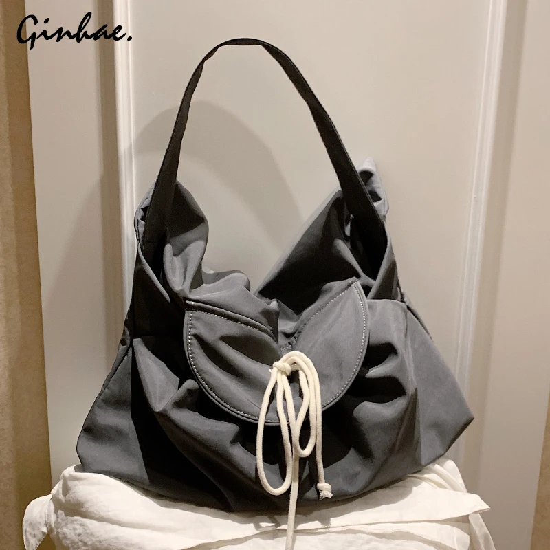Large Capacity Casual Totes String Canvas Handbags Fashion Solid Ruched Shopping Bags All-Match Travel Shoulder Messenger | Багаж и сумки