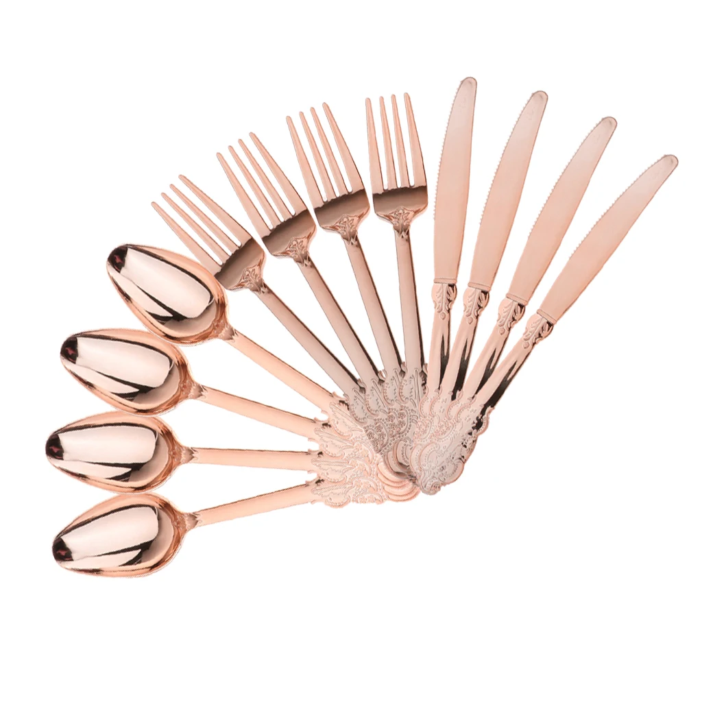 12pcs Disposable Cutlery Plastic Forks Spoons Knifes Party Decor Rose Gold