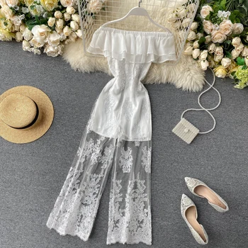 

ZCWXM Bodysuit 2020 Summer Ruffles Solid Lace Elegant Jumpsuit Women Off Shoulder Sexy High Waist 2020 Playsuit Korean New