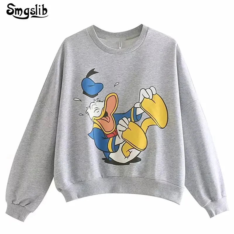 

2019 winter hoodies women high street cartoon duck print o-neck terry oversize grey hoodies sweatshirt pullovers tops