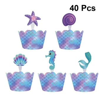 

40pcs Little Mermaid Party Supplies Cake Decoration Topper Edge Inserts Card Muffin Cupcake Wrapper Table Decoration Party Favor