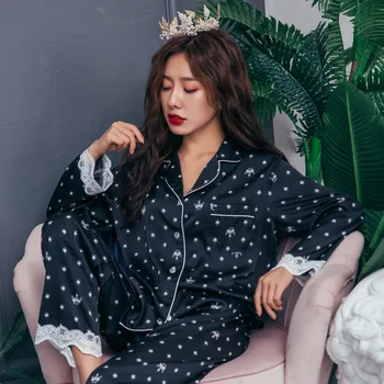 

Sexy Crown Star Printed Sleepwear Suit Spring Autumn Rayon Silk Long Sleeve Pant Homewear Nightwear Pajamas Pyjama Set