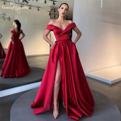 Simple Red Prom Dresses Long with Pockets Off the Shoulder Lace Up Back Formal Evening Dress Party Gowns Vestido De Fiesta