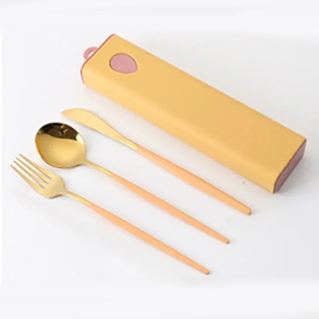 3PCs/4PCs Glossy Stainless Steel Tableware Spoon Fork Knife Straw Reusable Travel Cutlery Set Camp Utensils Set Portable Case C-Orange