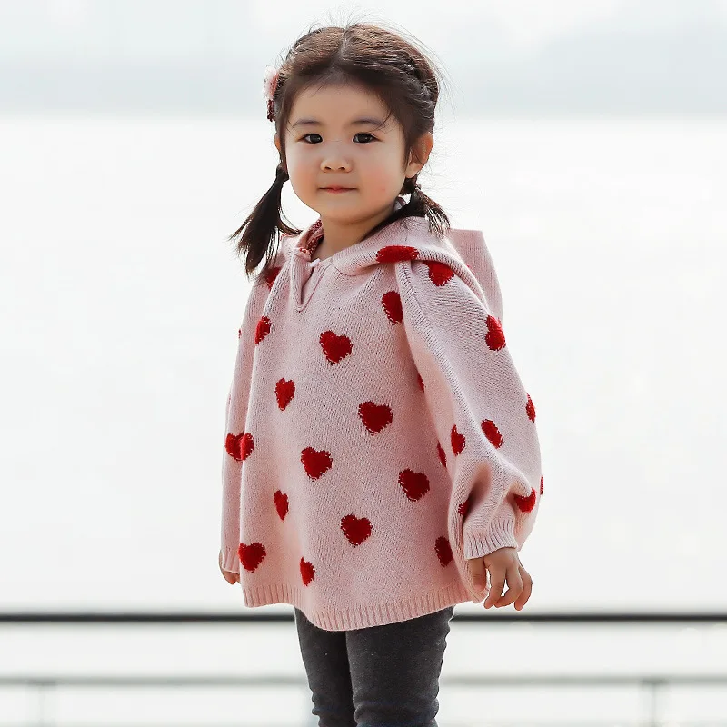 1-4Years Girl Sweater Coat Winter Jacquard Small Love Figure Hooded Cute Girl Knitted Outerwear Kids Warm Cloak Coat