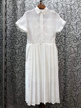 

2020 Spring and Summer New Women's Peter Pan Collar Hem Pleated Stitching Small Porous Decorative Short-Sleeve Dress 531