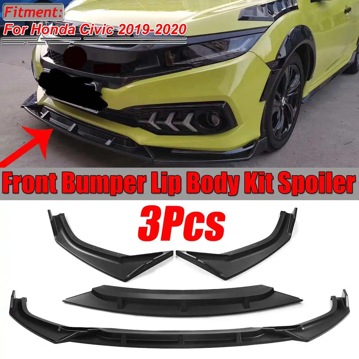 

High Quality 3pcs Car Front Bumper Splitter Lip Body Kit Spoiler Diffuser Guard Splitters Trim For Honda For Civic 2019-2020