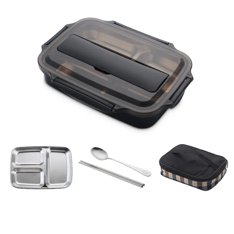 Small Black with Bag Большая емкость, Портативный Ланч-бокс из нержавеющей стали, высокое качество, герметичный Ланч-бокс, микроволновая печь для взрослых, Студенческая коробка для завтрака, набор столовых приборов - Цвет: Small Black with Bag