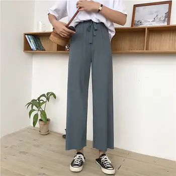 

High Waist Wide Leg Pants Women Casual Ankle-length Pants New 2020 Summer Preppy Style Elastic Waist FemaleTrousers W087
