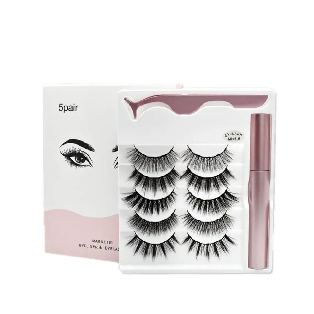 

5pairs Magnet Eyelash Magnetic Liquid Eyeliner& Magnetic False Eyelashes & Tweezer Set Waterproof Long Lasting Eyelash Extension