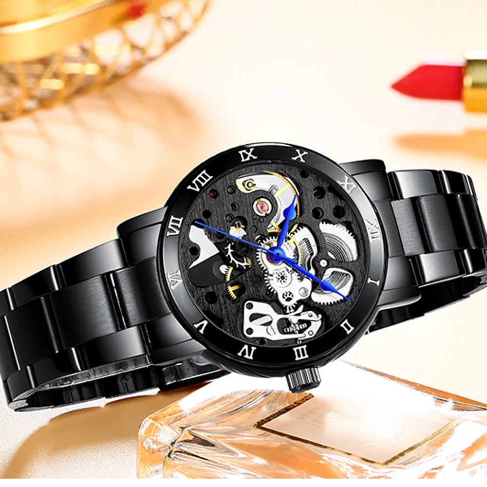 Черный Модный женский механический каркас часов Дизайн Топ бренд класса люкс полный стальной водонепроницаемый женские Автоматические часы Montre Femme