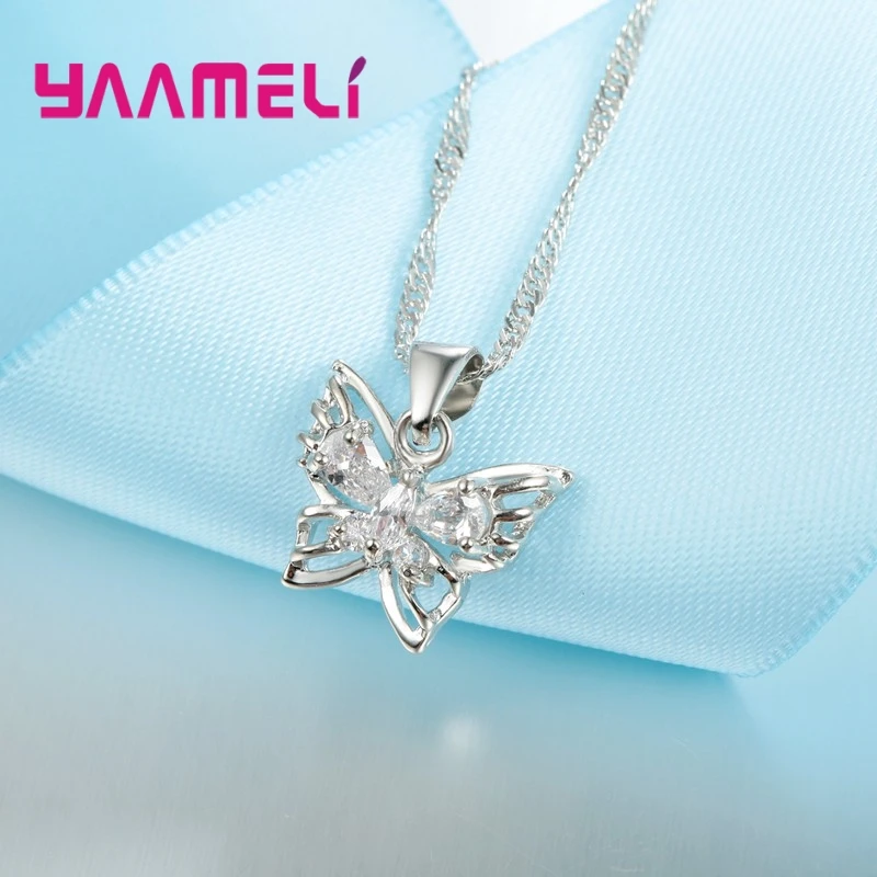 925 Sterling Silver Color Jewelry Sets Shining Austrian Crystal Inlaid Butterfly Wedding Pendant Necklace Earrings