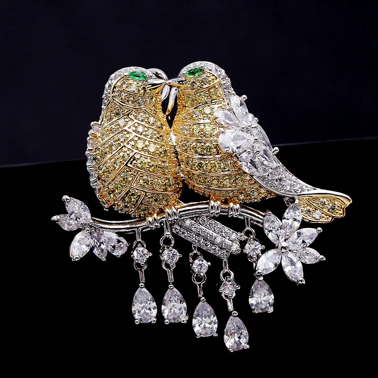 1PCS Gold Plated Double Love Bird CZ Brooch