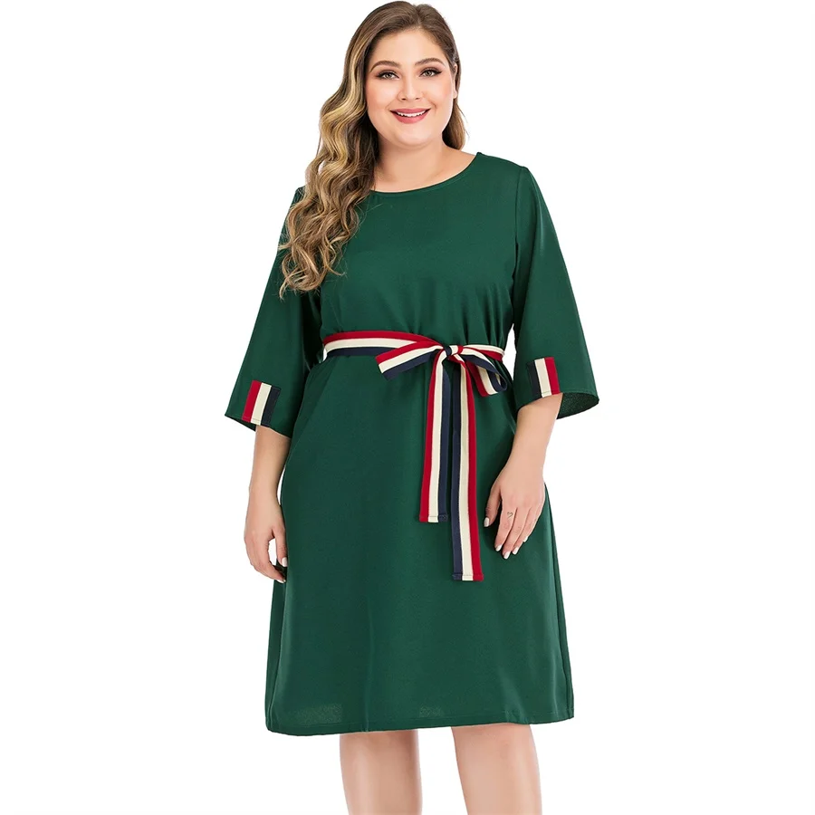 Siskakia Women's Plus Size Dresses Green Chiffon O Neck 3/4 Sleeve Knee Length Dress Fall Fashion Hit Color Patchwork Slim Sash