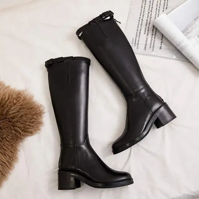 Krazing Pot cow leather high quality round toe riding equestrian boots zipper buckle straps concise designer thigh high boots 6cm heel