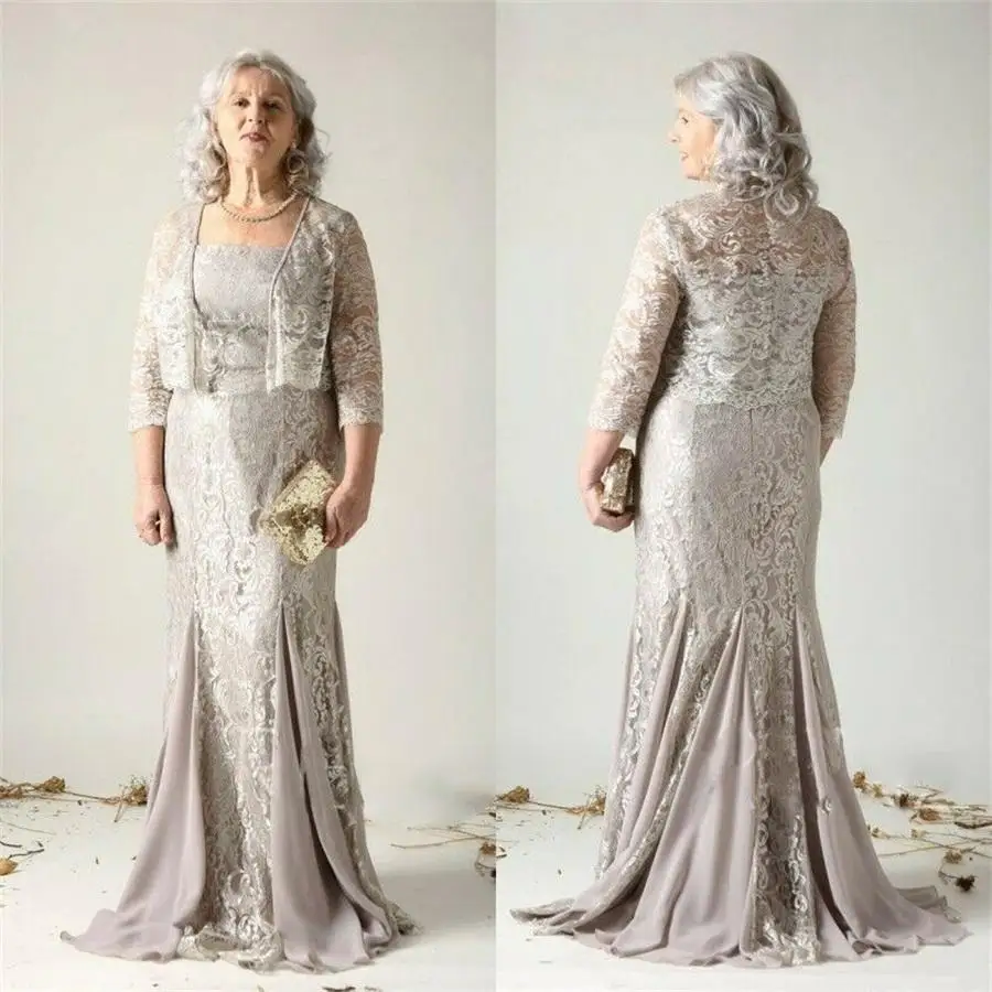 

Elegant Plus Size Mother Of The Bride Dresses With Jacket Lace Appliqued Spaghetti Strap Sweep Train Evening Gowns For Weddings