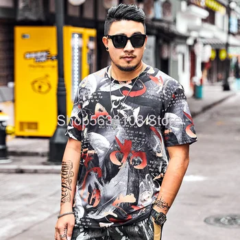 

Short Sleeve T1036 Big Size Tide Brand Men's Wear Leisure Printing Personality Short Sleeve Half Sleeve Half Shirt Plus Fat