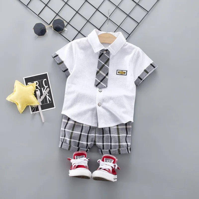 

2019 New Summer Korean-style Childrenswear BOY'S Cotton Two-Piece Set Short Sleeve T-shirt Tie Shirt Short Sleeve