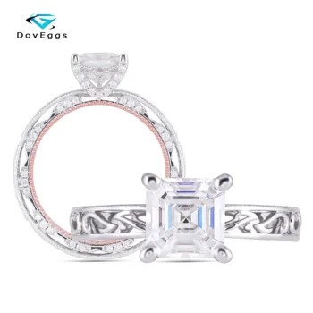 

DovEggs 14K 585 Two Tone Center 6*6mm Asscher Cut F/GH Color Moissanite Engagement Women Ring with Accents Overlapped Band