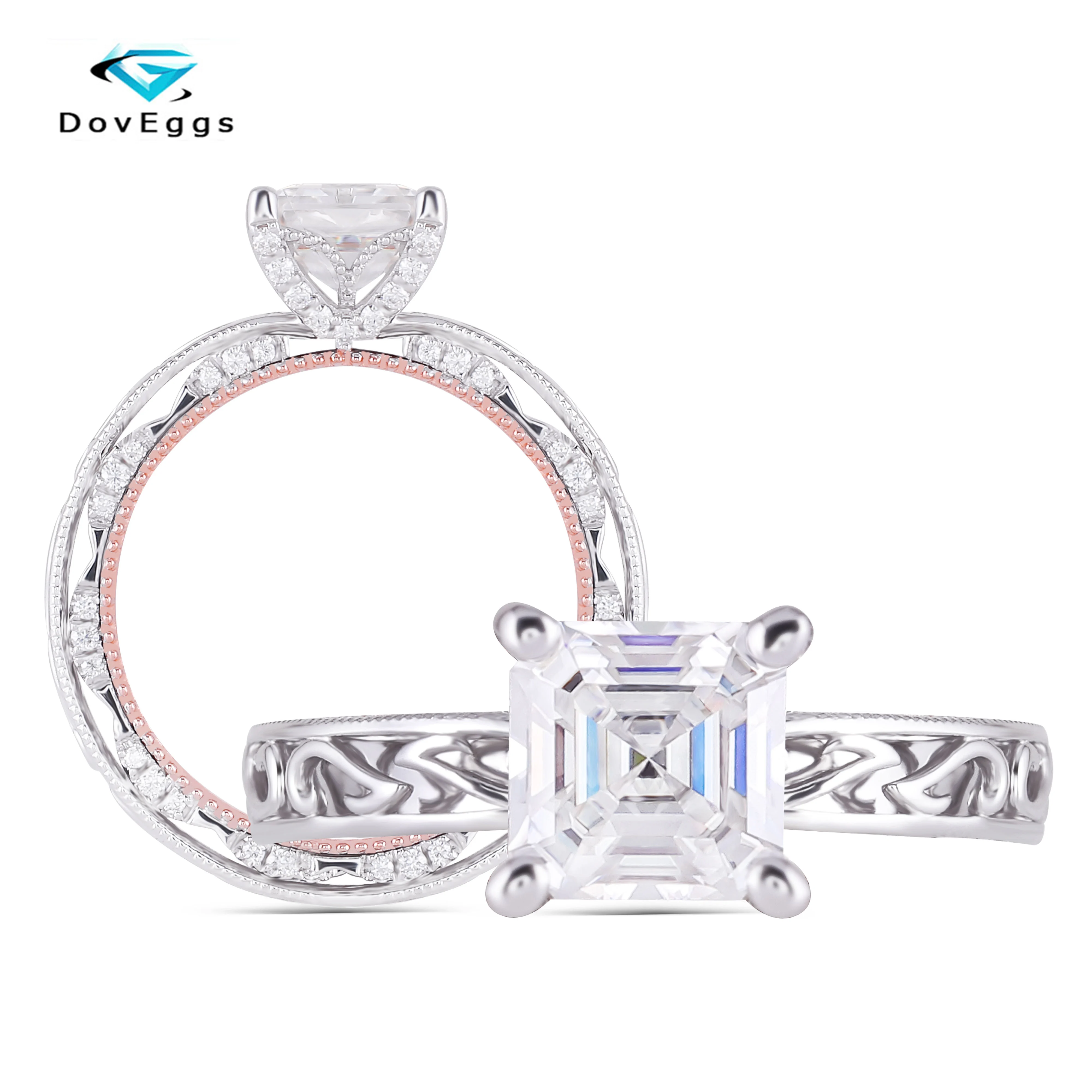 

DovEggs 14K Two Tone Center 6*6mm Asscher Cut F/GH Color Moissanite Engagement Women Ring with Accents Overlapped Band