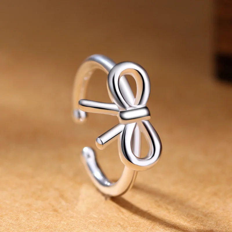

925 Sterling Silver Fashion Creative Bow Ring Female Simple Temperament Silver Open Ring Wedding Jewelry Accessories