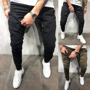 

Sporty Men Solid Color Zipper Pockets Drawstring Pencil Pants Long Trousers