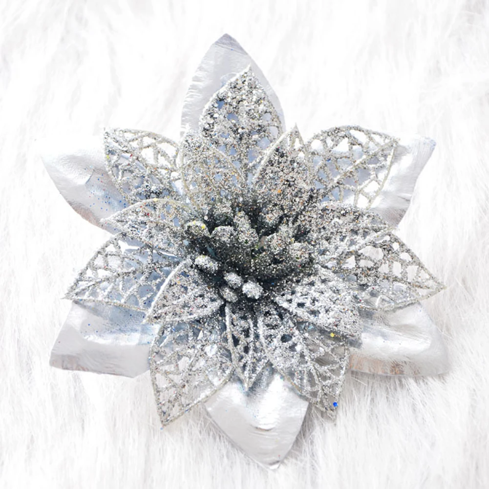 Silver 12cm Большие искусственные цветы для рождественского декора, блестящие Искусственные цветы Poinsettia, сделай сам, украшение для дома, Рождества, Нового года, цветок для свадьбы - Цвет: Silver 12cm