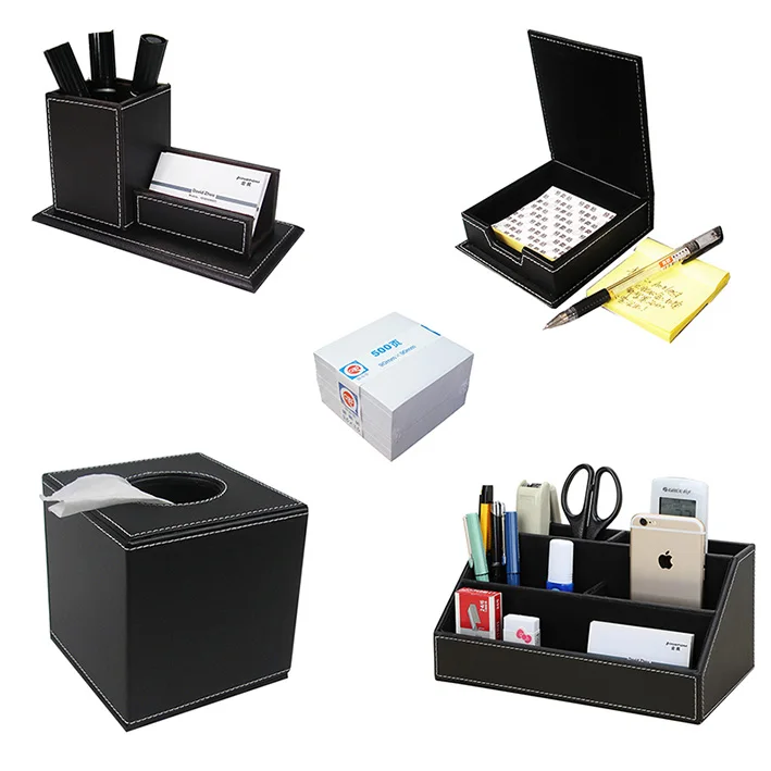 Kingfom Настольный органайзер, набор, 5 слотов, настольный органайзер, коробка, ручка, держатель, бизнес-держатель для карт, коробка для заметок, куб, тканевый чехол T43 - Цвет: Black Set