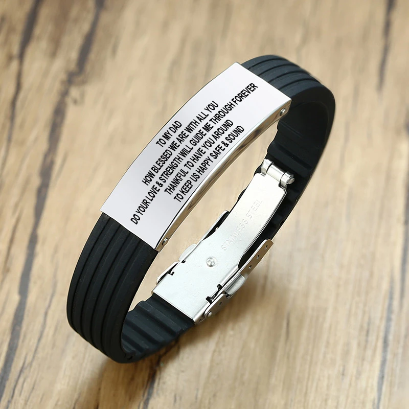 

Men Silicone Bracelets Custom To Dad Logo Engraving Stainless Steel Identification Wristband ID Bracelet For Father's Day Gift