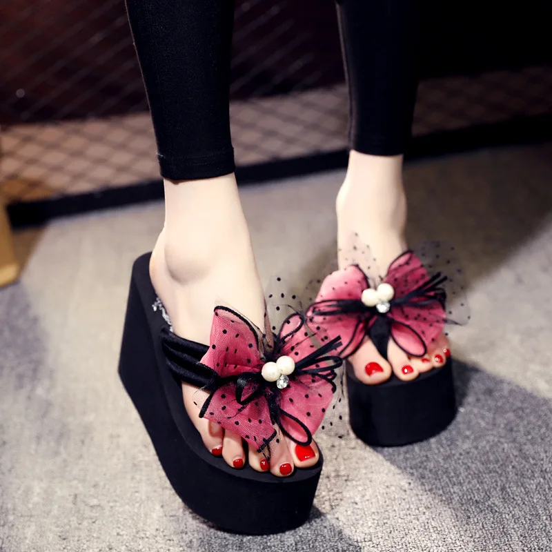 

Flash Jiao 2018 New Style Fashion Slipper 11 Centimeter Bow Thick Bottomed Anti-slip EVA Flip Flops Black And White with Pattern