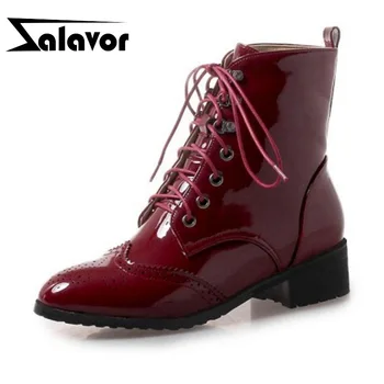 

ZALAVOR Women Ankle Boots Swing Casual Women Flats Vintage Thick Heel Patent Leather Walk Shoes Women Footwear Size 32-43