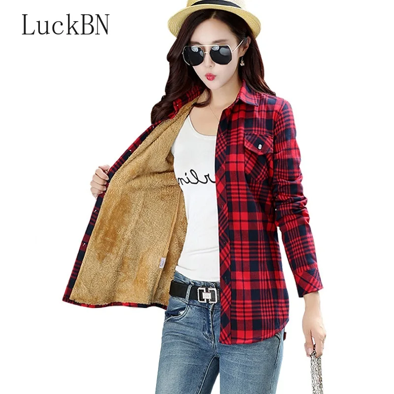 

Women Winter Keep Warm Cotton Plaid Blouse Fashion Long Sleeve Turn-down Collar Pocket Velvet 2019 Shirt Tops Blusas Feminina