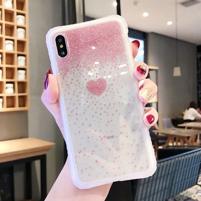 Прозрачный блестящий розовый чехол для телефона с сердечками IPhone 11 Pro Max X Xr XS 7 8Plus