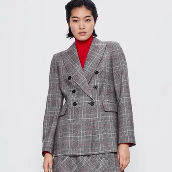 

Slim Plaid Printed Blazers Women Fashion Casual Notched Jackets Women Elegant Double Breasted Suits Female Ladies