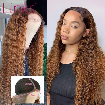 

Links Brown #27 13x6x1 Lace Part Front Human Hair Wigs For Black Women Deep Wave Brazilian Highlight Curly Frontal Wig colored