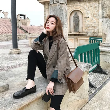 

Vintage Plaid Women Suit Jacket Double Breasted Korean-style Oversize Coat Casual Blazers Coat