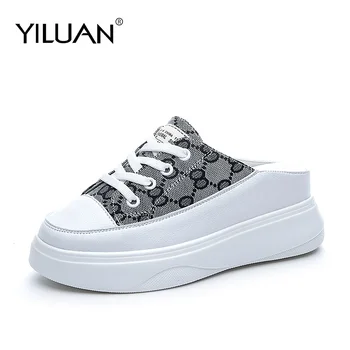 

Yiluan Canvas Half Drag Slippers Wear Fashion 2020 Summer New Wild Thick Bottom Increase Lazy Female Slippers Mesh