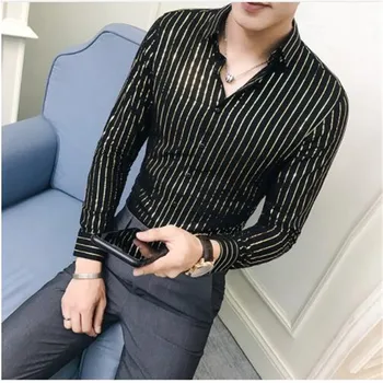 

Luxury Gold Black White Shirt Men Stripe Slim Fit Camisa Hombre 2018 Autumn Club Party Wedding Dress Shirt Camiseta Masculina