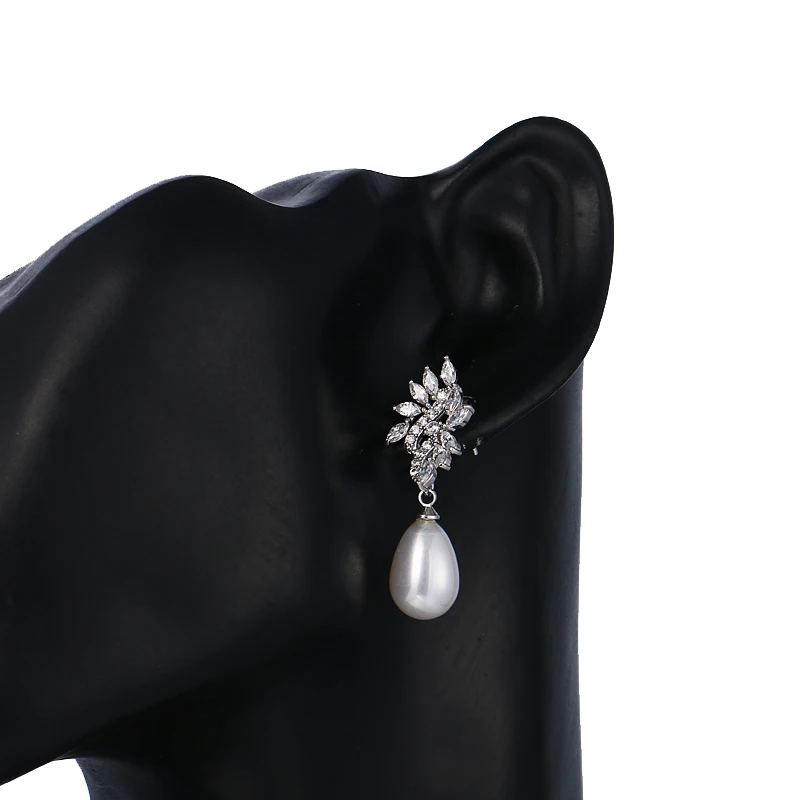Women's Oval Simulated Pearl CZ Stone Drop Earrings with Leaf Design - Fashion Jewelry for Brides image 3
